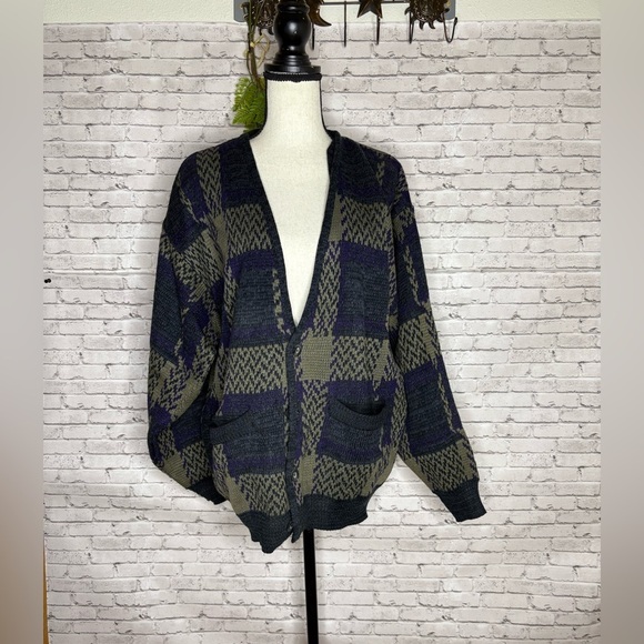 Vintage Houndstooth Plaid Button Down Grandpa Cardigan - Picture 1 of 5